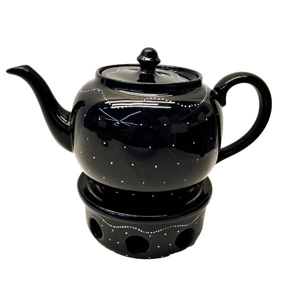 French Rustic Alsace Soufflenheim 8.5 Tea Pot & Warmer Black Polka Dot Pottery - Picture 1 of 6